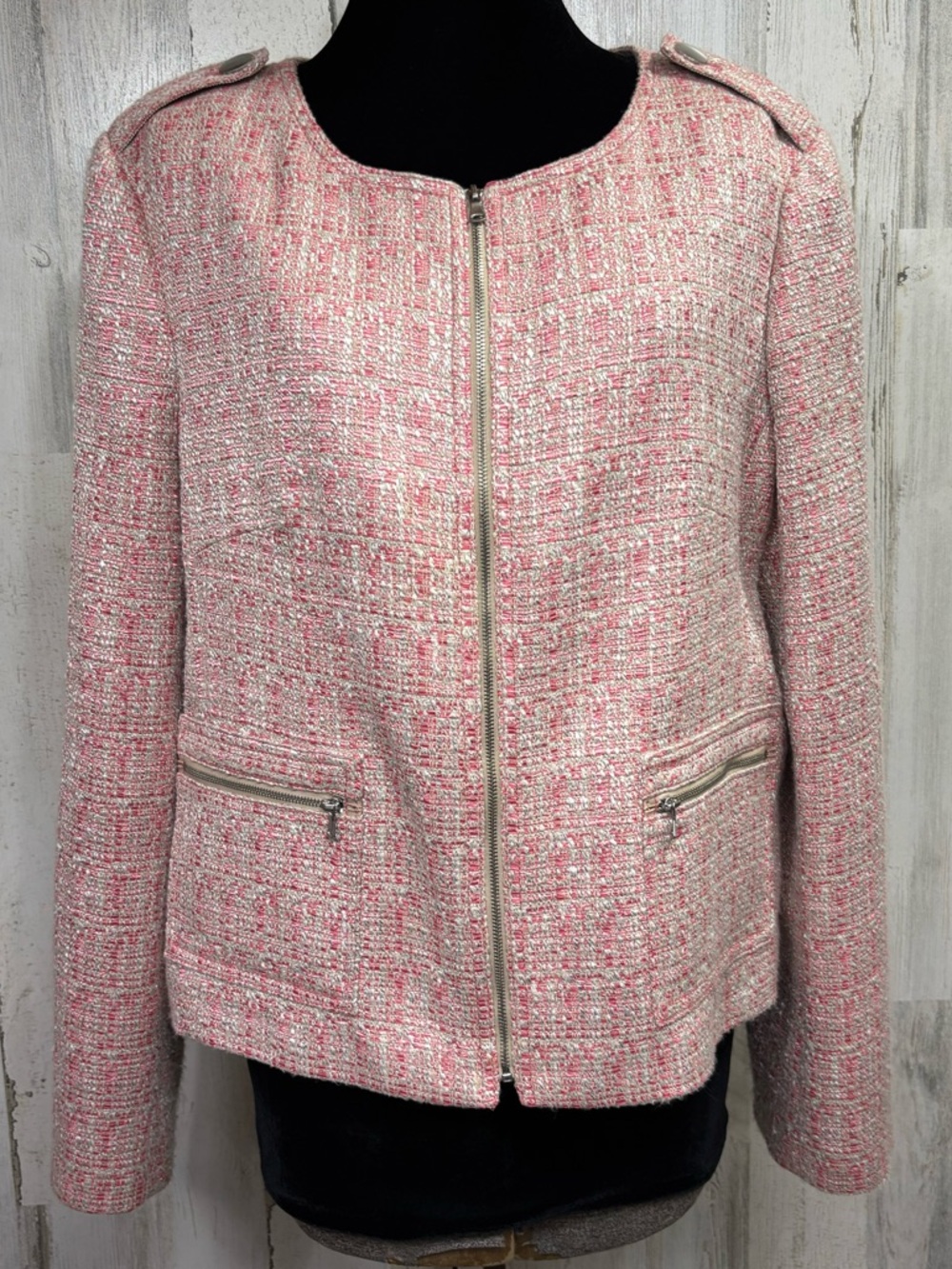 Talbots Pink Tweed “Jackie” Fit Collarless Blazer Jacket - Picture 2 of 10
